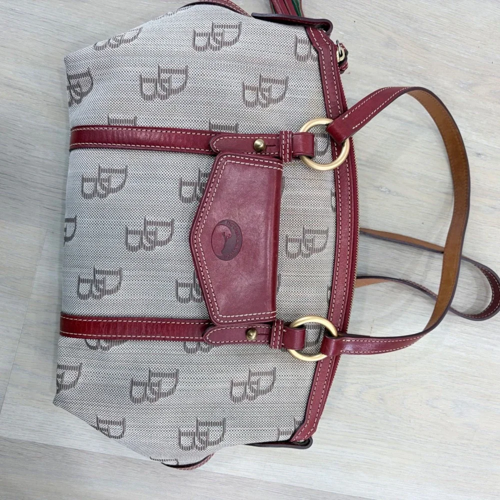 Dooney & Bourke Signature Monogram Canvas Satchel Burgundy Leather Trim 33906721